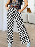 Women's Casual Checkerboard Plaid High Rise Wide Leg Pants