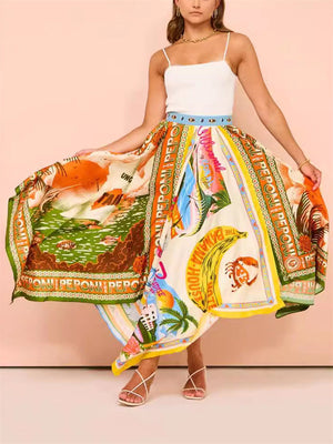 Women's Tropical Print Irregular Hem Flowy Skirt