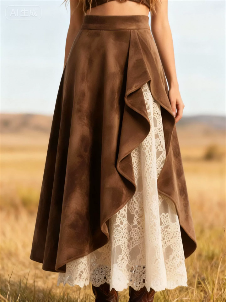 Vintage ‌Lace Patchwork Suede Asymmetrical Skirt for Women‌