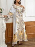Women's Yellow Printed Beads Round Neck Muslim Robe Dress