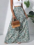 Women's Holiday Style Leaves Printed Chiffon High Waist Wide Leg Pants