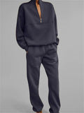 Women's Casual Solid Color Zip Up Pullover Sweatshirts & Sweatpants Outfit