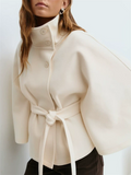 Ladies' Elegant Solid Color Stand Collar Tie-waist Cloak Trench Coats