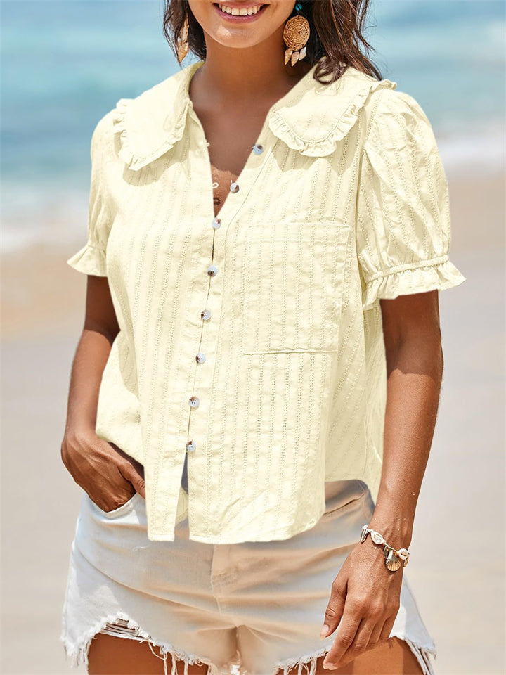 Women's Ruffle Peter Pan Collar Button Up Short Puff Sleeve Blouse