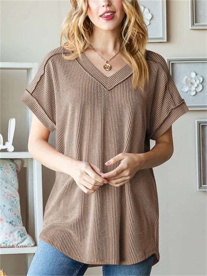 Women's Solid Color Pit Stripe V Neck Long Sleeve Shirts