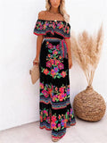Women's Flower Print Off Shoulder Bohemian Dress