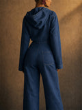 Women Long Sleeve Zip Front Wide Leg Hooded Denim Jumpsuit