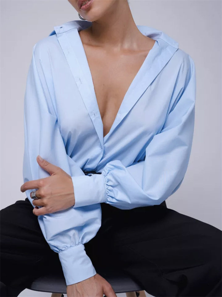 Women's Elegant Lapel Loose Fit Puff Sleeve Button Up Blouses