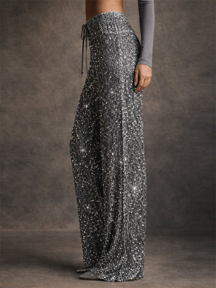 Women Simple Sequin Wide Leg Pants High Waist Party Trousers