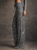 Women Simple Sequin Wide Leg Pants High Waist Party Trousers