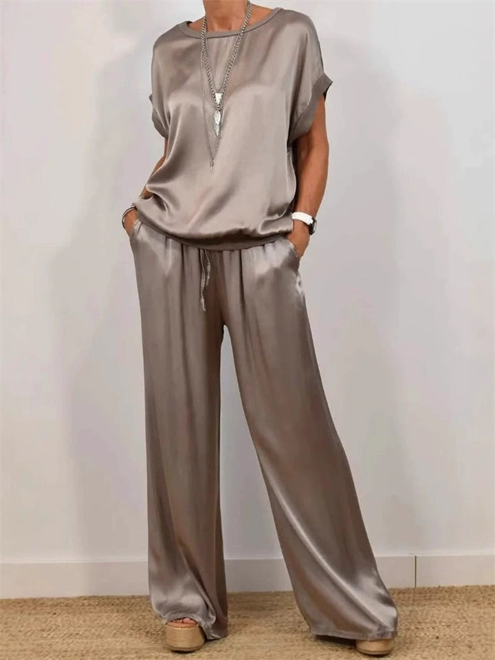 Women's Causal Solid Color Satin Round Neck Shirt &Pants Set