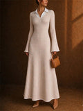 Women Beige Ribbed Knit Collared V Neck Casual Office Flare Maxi Dress