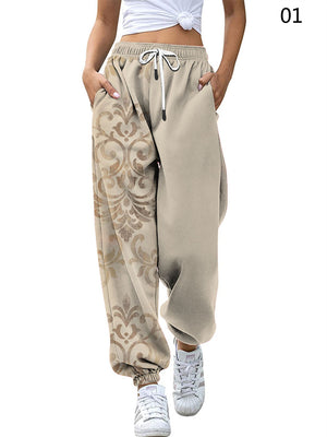 Women's High Waist Drawstring Print Trendy Leisure Pants