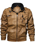 Men's Contrast Collar Long Sleeve Zip-Up Distressed Faux Leather Moto Jackets