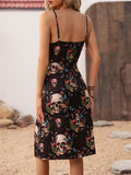 Evil Rose Skull Print Strappy Drawstring High Split Dress for Women