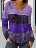 Plus Size Women's Casual Contrast Color V Neck Long Sleeve T-Shirts