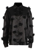 Fashion Women's Black 3D flower Lapel Long Sleeve Blouses
