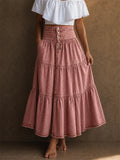 Women High Waist Boho Button Front Tiered Denim Maxi Skirt
