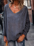 Women's Summer Casual Distressed Solid Color V Neck Long Sleeve Shirts