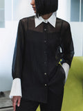 Women's Spring Chic Vintage Contrast Collar See-Through Blouses