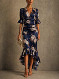 Women Elegant Floral Ruched V Neck High Low Ruffle Wedding Guest Dress