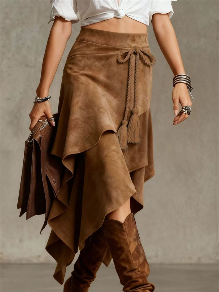 ‌Vintage Boho Suede Drawstring Asymmetrical Skirt for Women‌