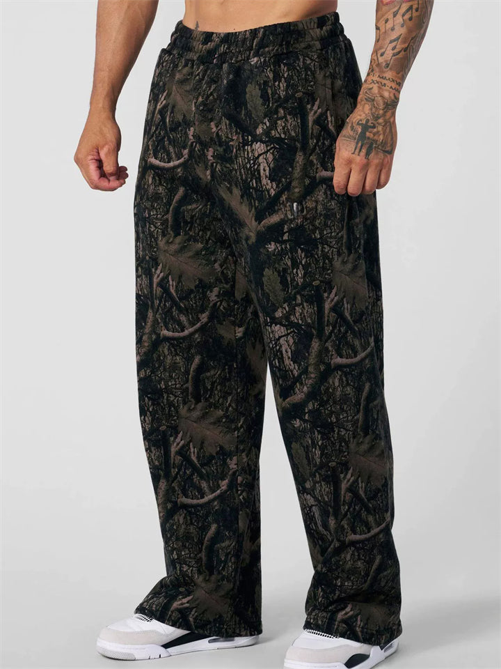 Men's Casual Camouflage Printed Mid Waist Elastic Straight Wide Leg Trousers
