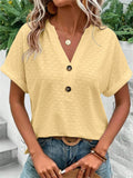 Women's Casual Solid Color Jacquard Button V-neck Pullover T-shirts