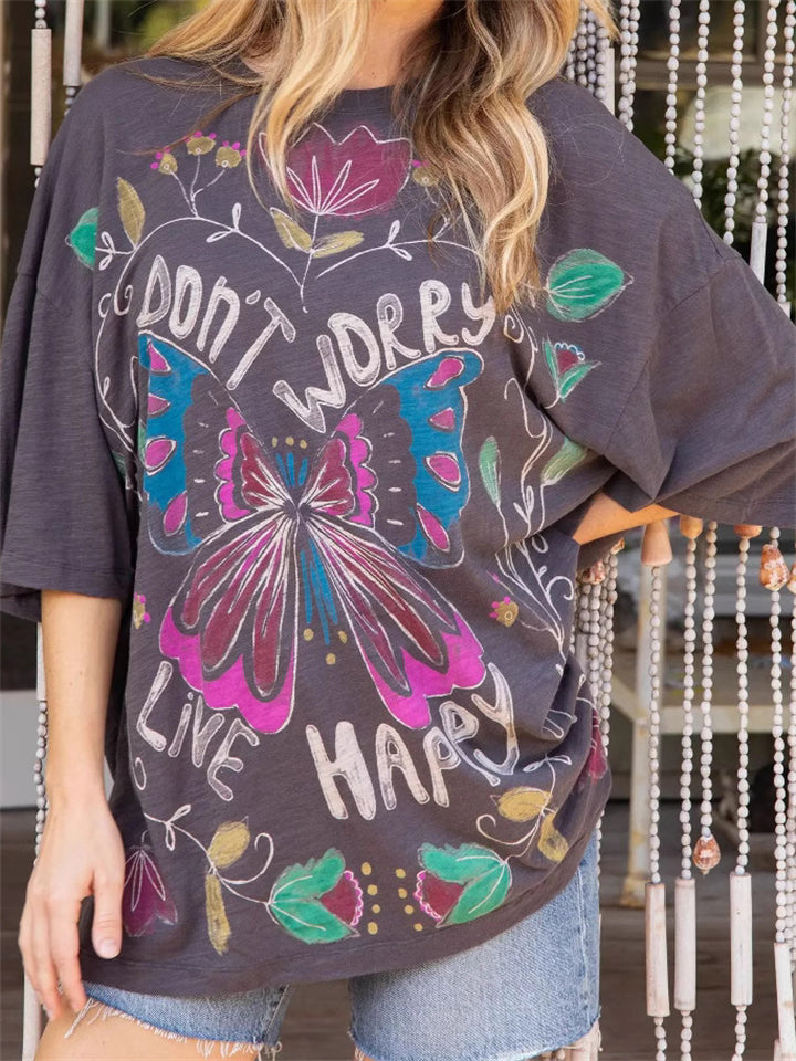 Women's Casual DON'T WORRY Butterfly Print Short Sleeve Shirt