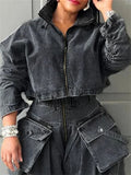 Women's High Waist Distressed Cropped Cargo Denim Top