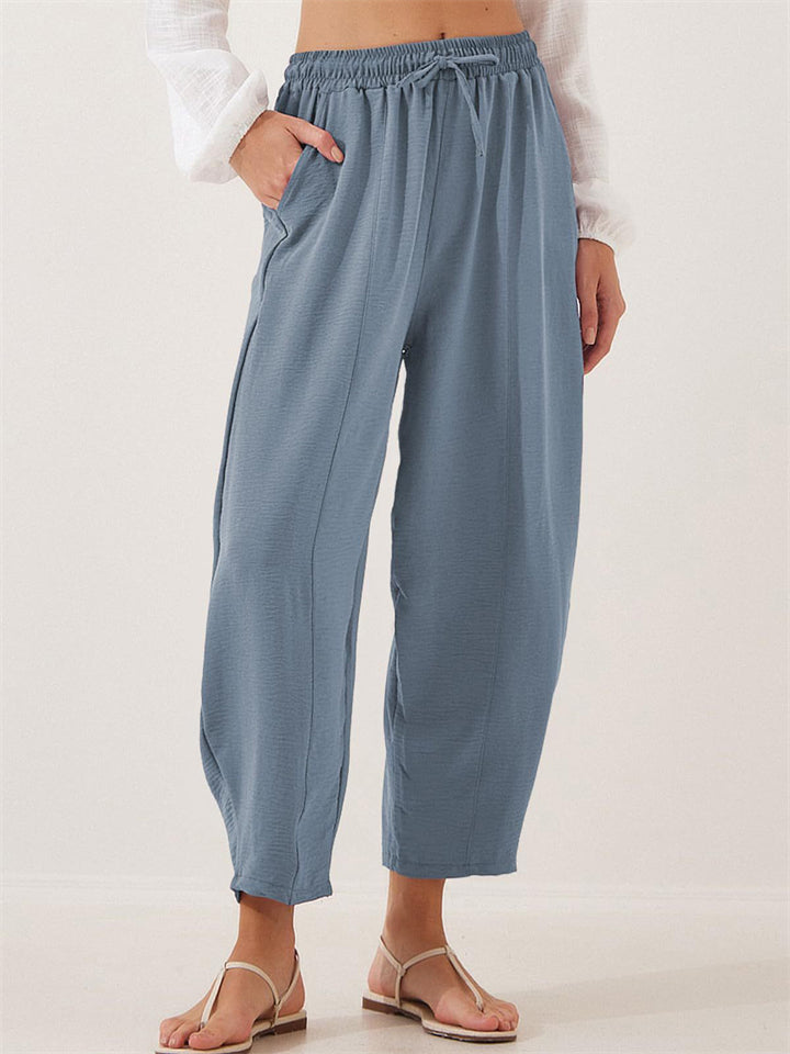 Women's Casual Summer Pleated Mid-waist Drawstring Cropped Pants