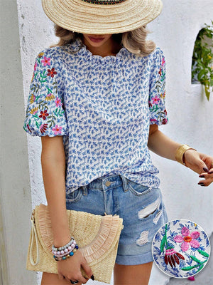 Ladies Floral Embroidered Leaf Print Puff Sleeve T-shirts