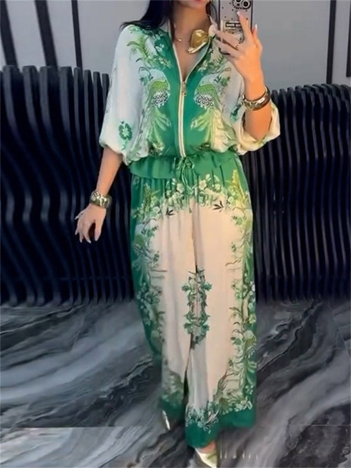 Women's 2Pcs Flowers Print Zip Up Drawstring Long Sleeve Shirt & Pants Set