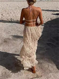 Female Pleated Halterneck Lace-Up Tank Top Maxi Skirt Set