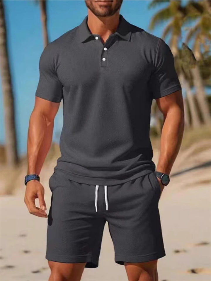Men's 2Pcs Summer Solid Color Short Sleeve Polo Shirt & Shorts Set