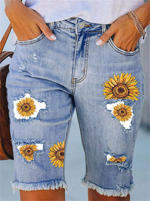 Summer Lady Blue Ripped Straight Leg Chrysanthemum Print Jeans