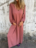 Women's Autumn Casual Loose V-neck Solid Color Lantern Sleeve Dress