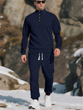 Men's Casual Contrast Color Texture Jacquard Drawstring Sweatshirts & Sweatpants Outfit