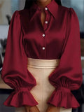 Women's Fashion Button Up Lapel Satin Ruffled Sleeve Blouses