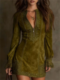 ‌Women's Sexy Zip Up Embroidered Lace Trim Mini Dress