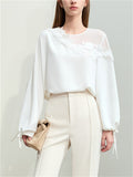 Elegant Summer 3D Flower Long Sleeve White Chiffon Shirt for Lady
