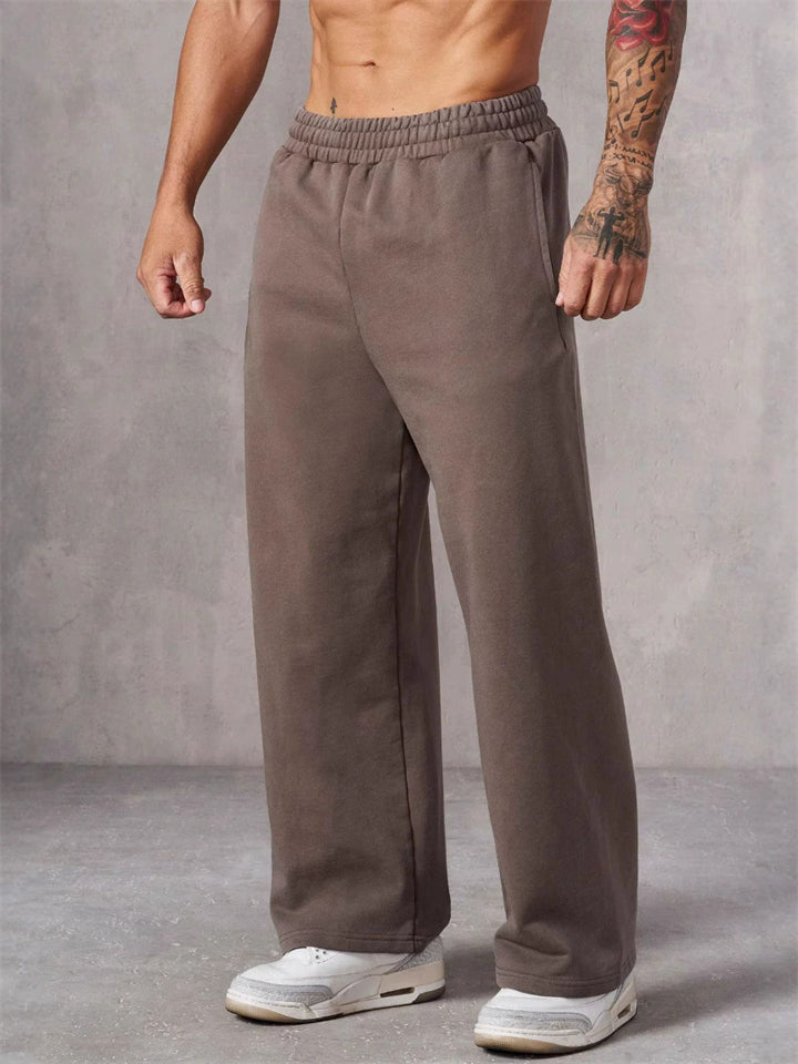 Men's Casual Solid Color Mid Waist Elastic Sporty Straight Wide Leg Trousers