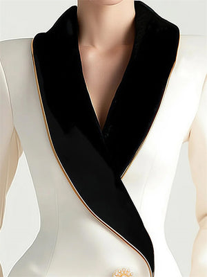 Ladies' Elegant Asymmetrical White Blazer with Black Contrast Color Collar