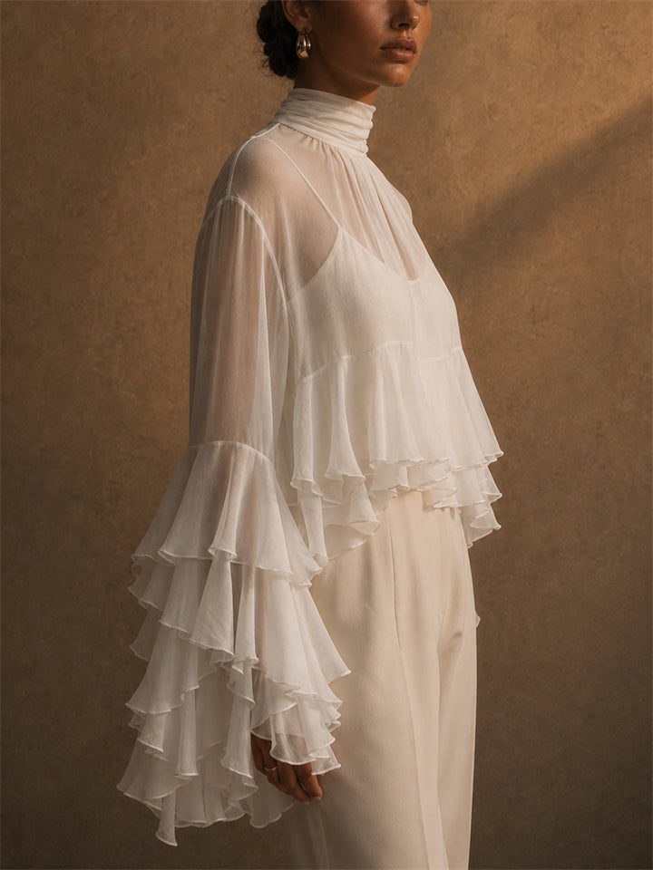 Women's Chiffon Tiered Ruffle Flare Sleeve High Neck Top
