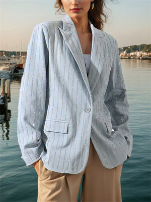 Women's Blue Bling Long Sleeve Single-Breasted Stripe Suit Coat