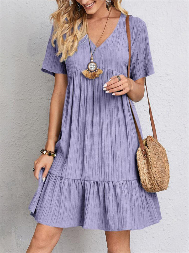 Women's Summer Solid Color V Neck Casual Skater Dresses