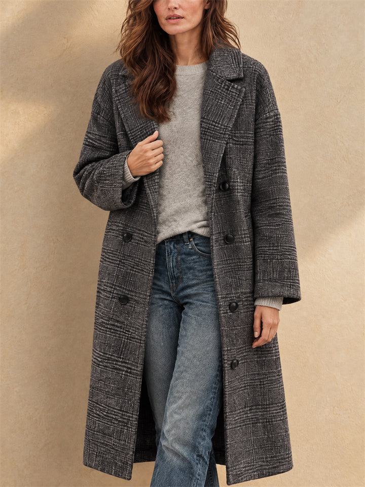 Women Trendy Plaid Double Breasted Long Trench Coat