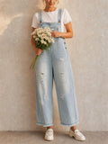 Women Vintage Baggy Wide Leg Distressed Denim Cropped Overalls
