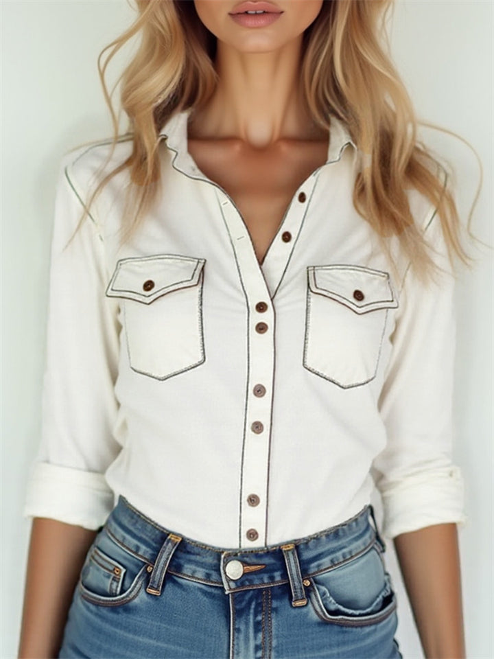 Classic Imitation Denim White Button Up Blouses for Women with Pockets