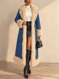 Women Winter Outwear Faux Fur Trim Long Trench Denim Coat